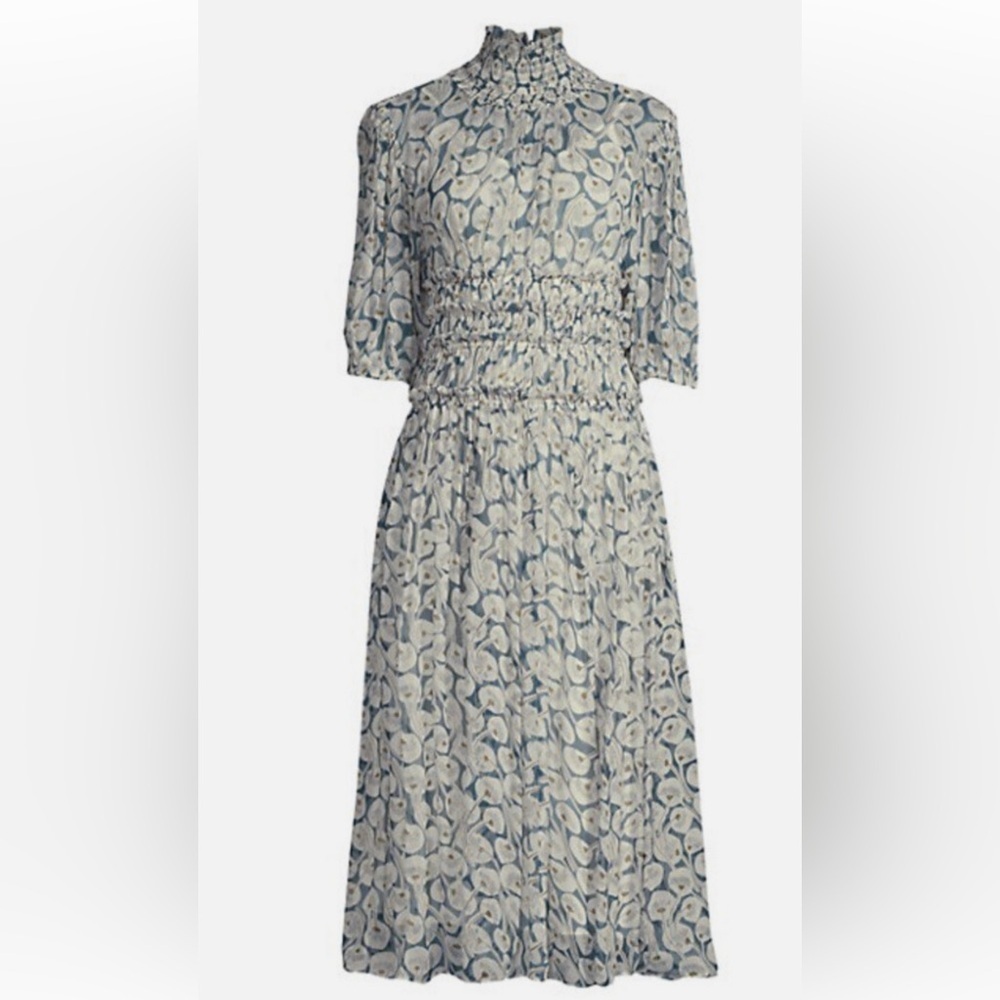 Rebecca Taylor Cottagecore Floral Blue and Cream Long Dress Size 12 F45 - Picture 4 of 16